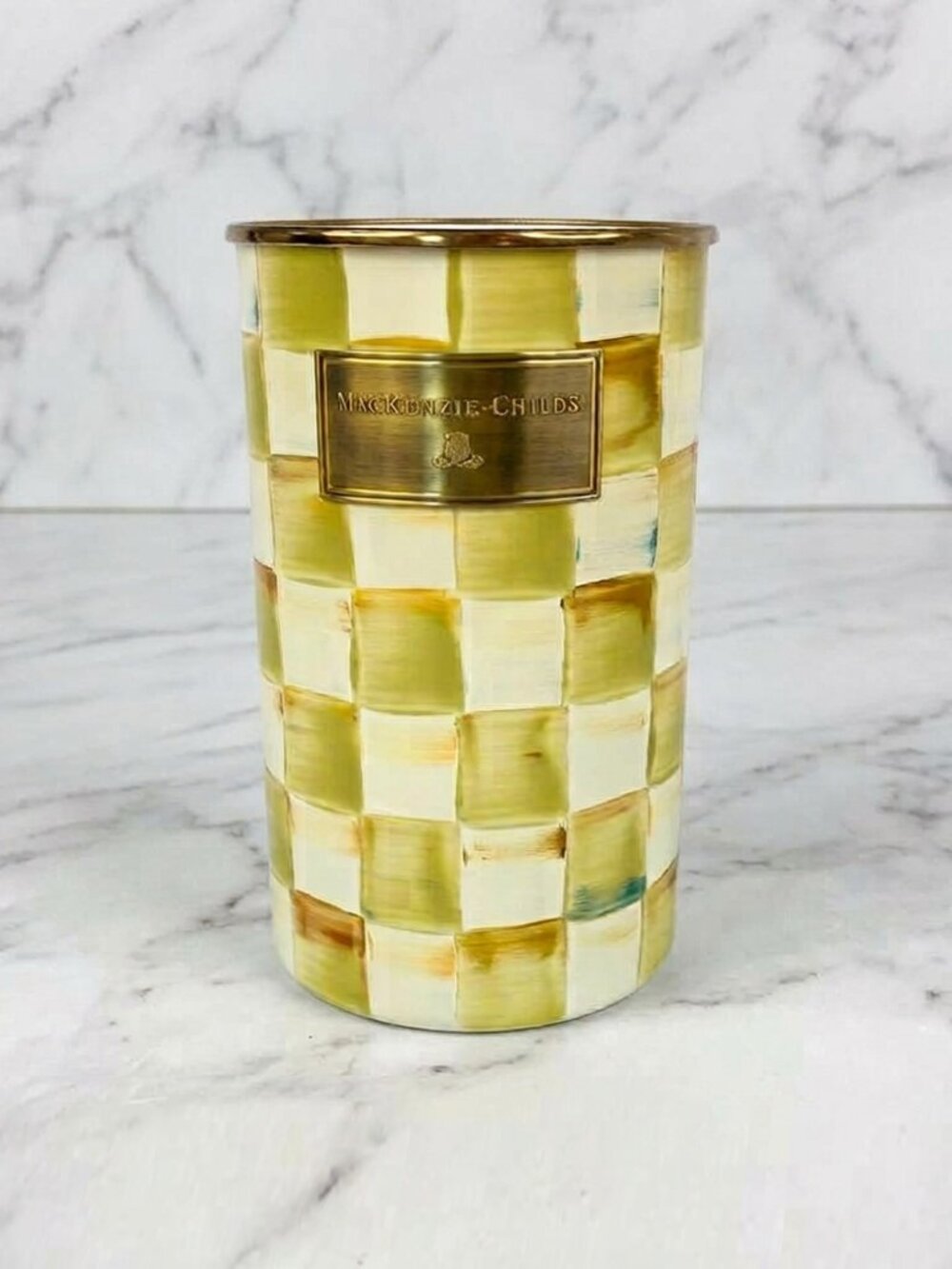 MacKenzie-Childs RARE! Parchment Check Utensil Holder 8.5" Tall New No Box